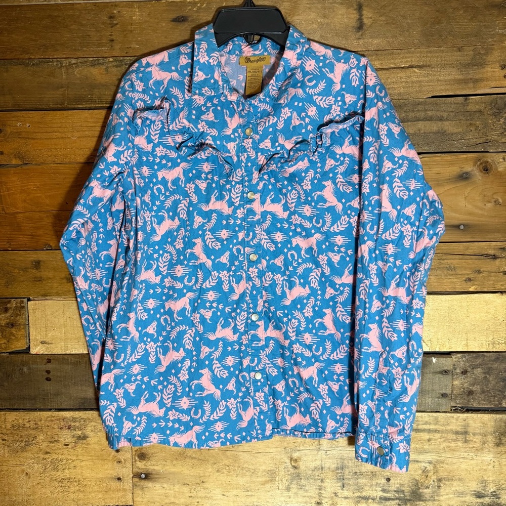 WRANGLER GIRL'S LONG SLEEVE HORSE PRINT WESTERN SNAP SHIRT BLUE & PINK XXL 14/16
